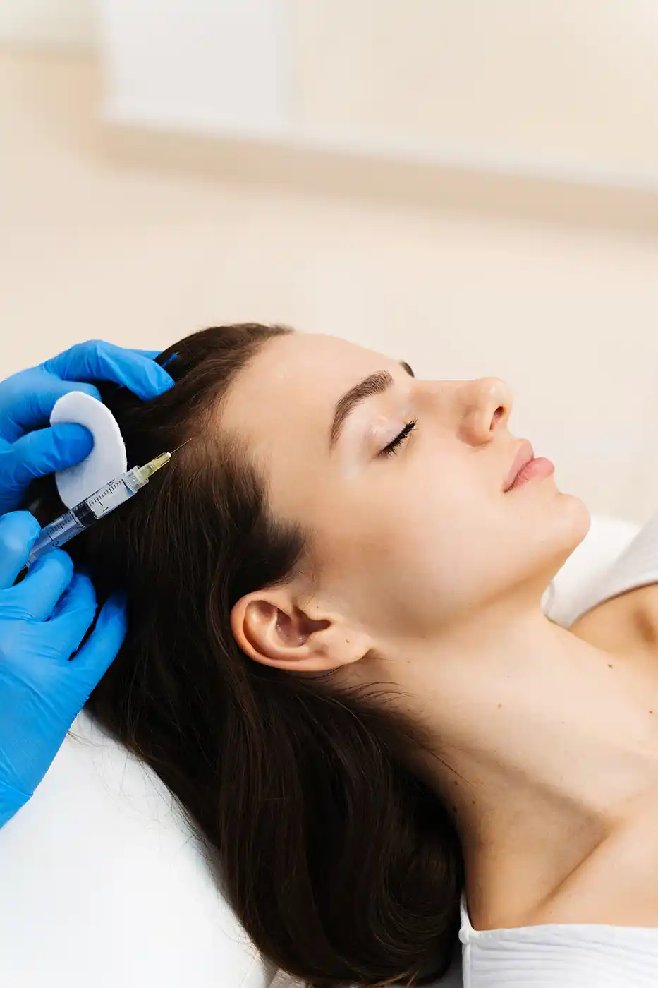 Eine junge Frau liegt entspannt, während eine medizinische Fachkraft mit blauen Handschuhen eine Injektion in die Kopfhaut vornimmt – dargestellt wird eine moderne Behandlung wie Stammzellen- oder Mesotherapie zur Förderung des Haarwachstums und zur Stärkung der Haarfollikel.